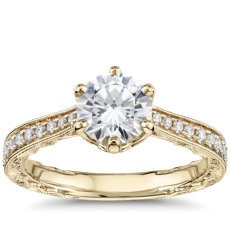 14k 黃金六爪手工雕刻鑽石訂婚戒指（1/5 克拉總重量）
